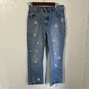PIT OSU Pitous Blue Jeans with Embroidery Floral Design Pink Straight Leg Jeans